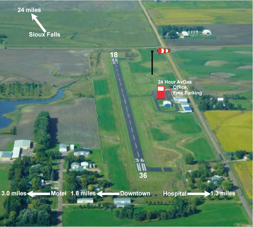 Aerial view of Canton Airport showing distances and runway 18/36